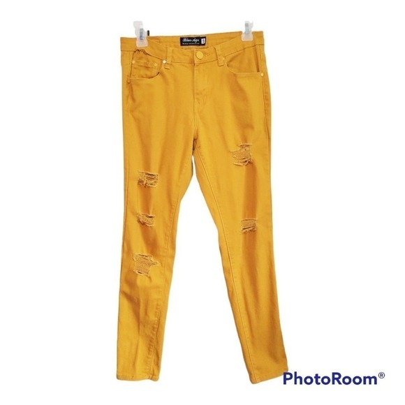 Blue Age Collection Mustard Yellow size 9 destructed skinny Jeans - Picture 1 of 8